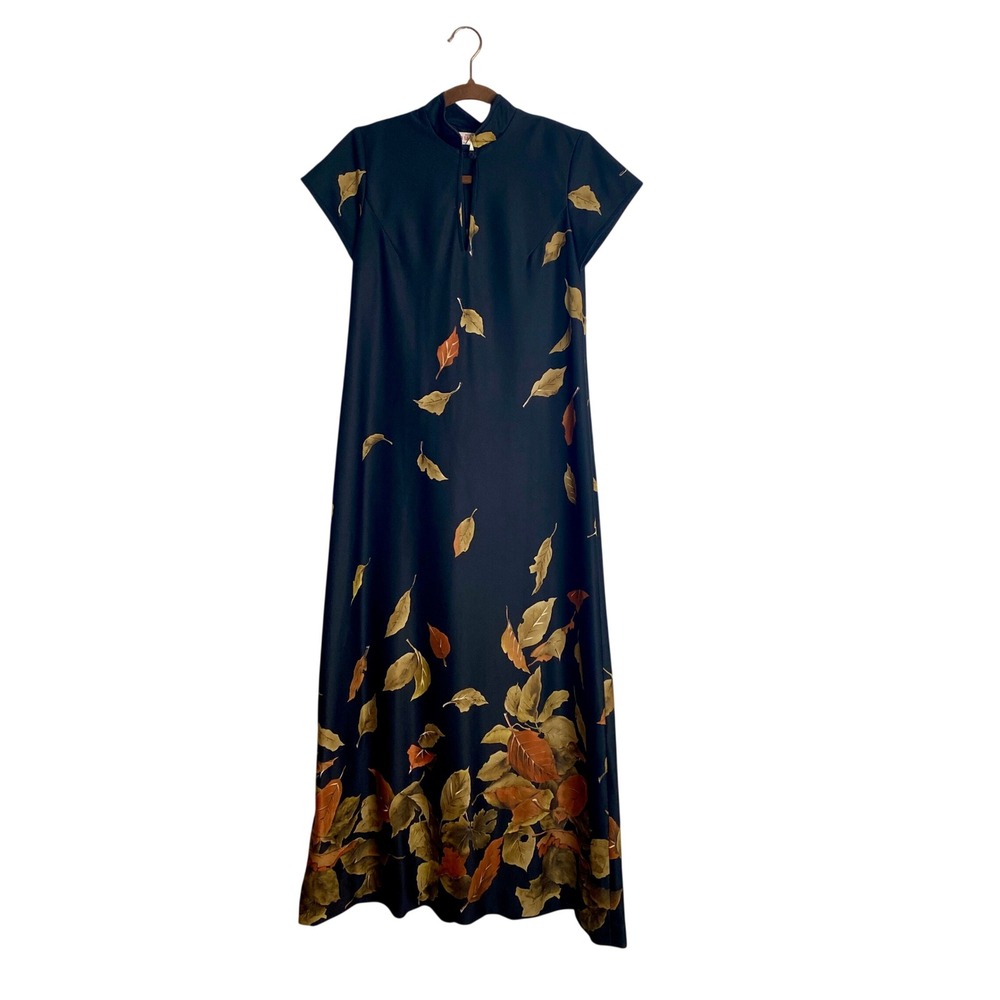 VTG 70s Sun Casuals Liberty House Hawaiian Maxi Dress Leaf Fall Cheongsam Boho